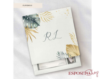 Partecipazione con scatola e confetti Box18 Foglie grigio e oro