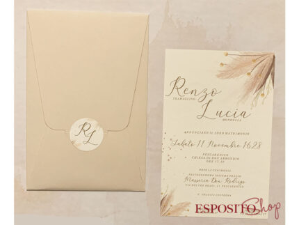 Partecipazione rosa cipria con stampa pampas F1735