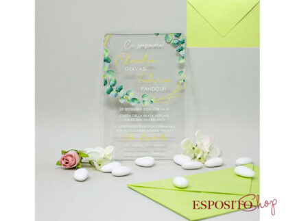 Partecipazione in plexiglass con foglie di eucaliptus PX010