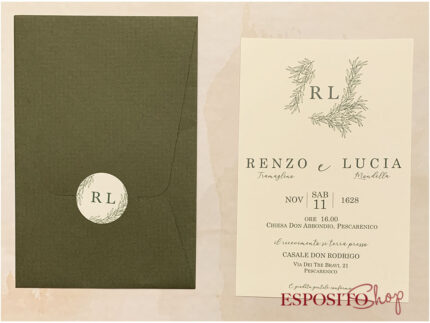 Partecipazione verde con adesivo con iniziali sposi F1734