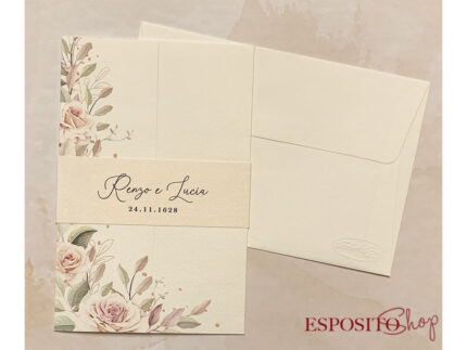 Partecipazione con rose rosa e foglie F1724