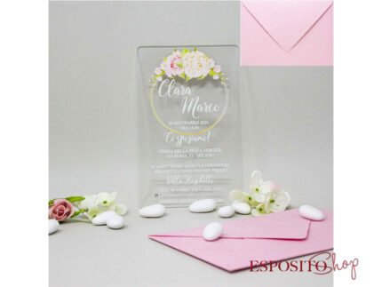 Partecipazione in plexiglass con peonia bianca e rosa PX004