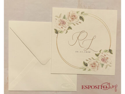 Partecipazione quadrata con cerchio e rose rosa cipria F1706