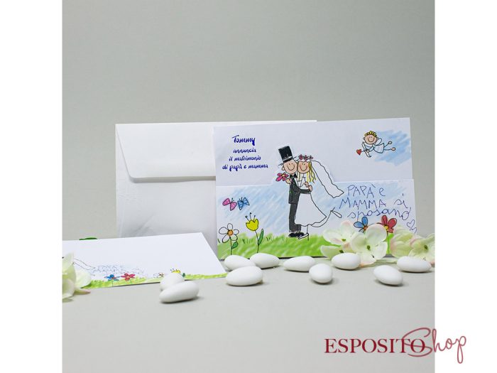 Partecipazione con sposi cartoon e cupido BP051346