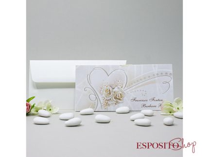 Partecipazione con rose e cuore perlato in rilievo BP051759