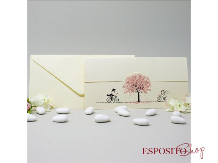 Partecipazione con sposi in bicicletta cartoon BP051918