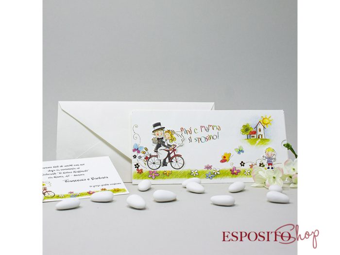 Partecipazione con mamma e papà cartoon in bicicletta BP051947