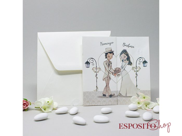 Partecipazione con sposi disegnati e cuore oro BP052048