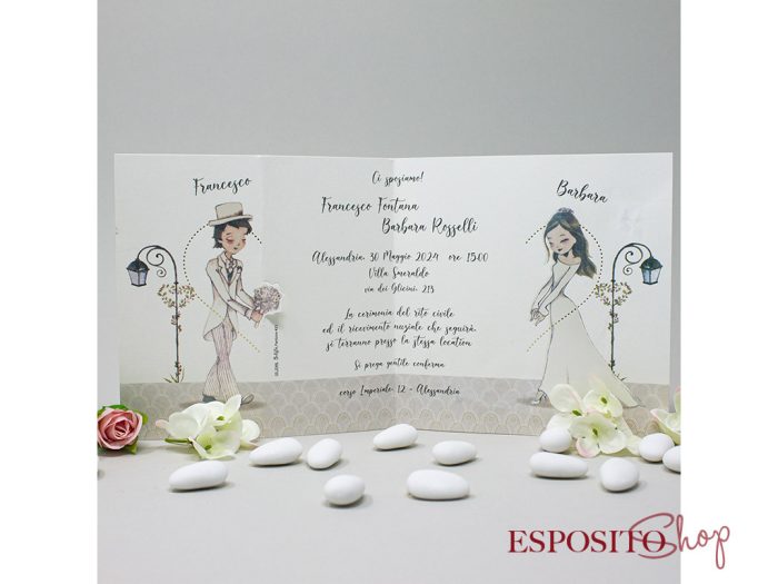 Partecipazione con sposi disegnati e cuore oro BP052048