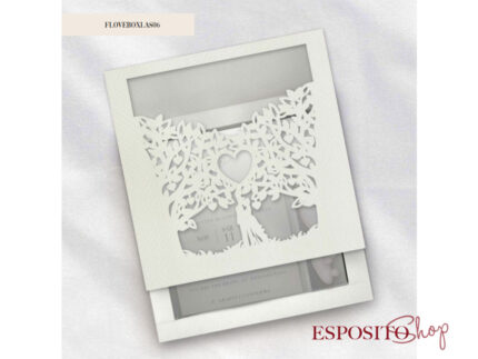 Partecipazione con scatola e confetti decoro albero della vita cuore e fiori laser cut BoxL06