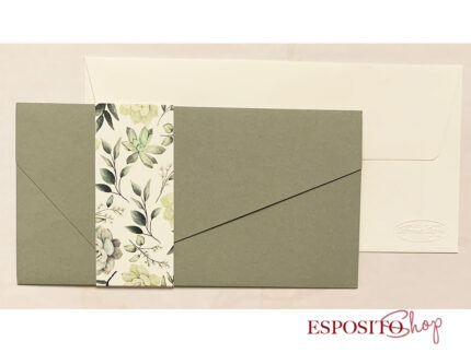 Partecipazione verde con fascia con foglie e fiori F1730