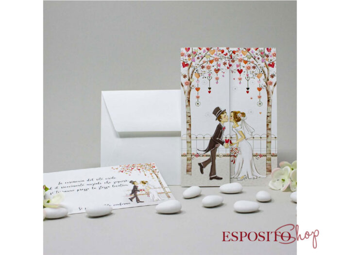 partecipazione sposi albero fiori rossi 3
