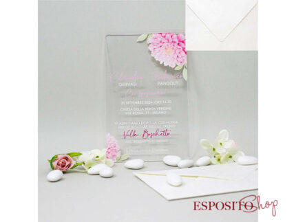 Partecipazione in plexiglass con ortensia rosa PX009