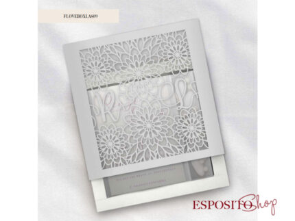 Partecipazione con scatola e confetti decoro fiori laser cut e iniziali BoxL09