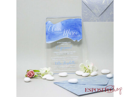 Partecipazione in plexiglass con onde del mare blu PX011