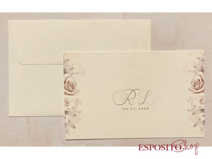 Partecipazione con rose mauve e foglie F1711