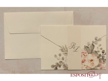 Partecipazione con rose rosa e foglie F1657