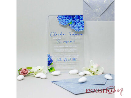 Partecipazione in plexiglass con ortensia blu PX006
