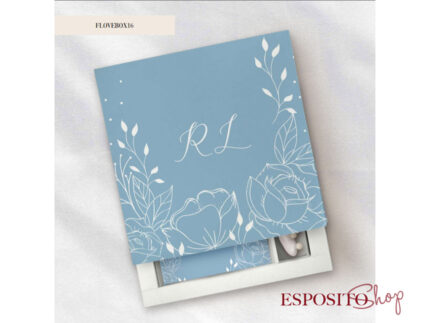 Partecipazione con scatola e confetti Box16 azzurra fiori bianchi