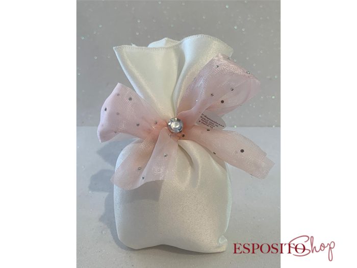 Sacchetto in raso bianco con nastri e rosa corallo