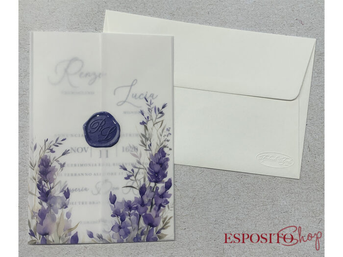 Partecipazione con copertina trasparente e lavanda F1750