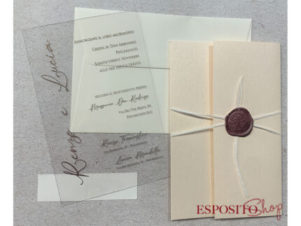 Partecipazione in plexiglass con copertina rosa e nastro F1777