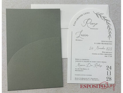 Partecipazione verde con tasca e cartoncino sagomato con foglie F1756
