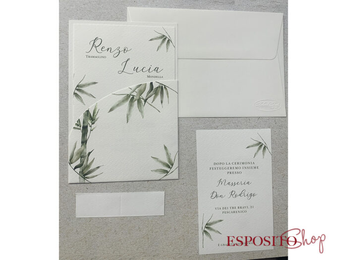 Partecipazione con tasca stampata con foglie verdi F1760