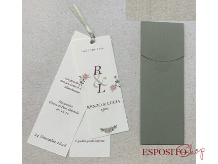 Partecipazione stile segnalibro con busta verde F1775
