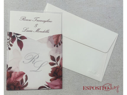 Partecipazione con folder trasparente con fiori bordeaux F1779