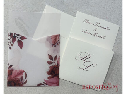 Partecipazione con folder trasparente con fiori bordeaux F1779
