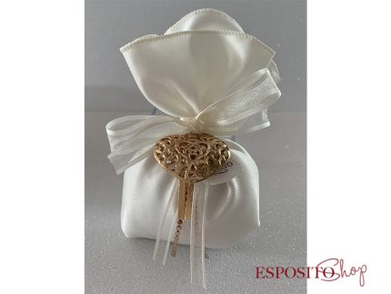Sacchetto in Raso Bianco con Cuore in Metallo Oro Rosa