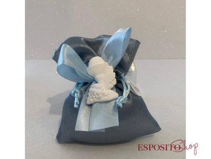Sacchetto raso azzurro con icona comunione in gesso